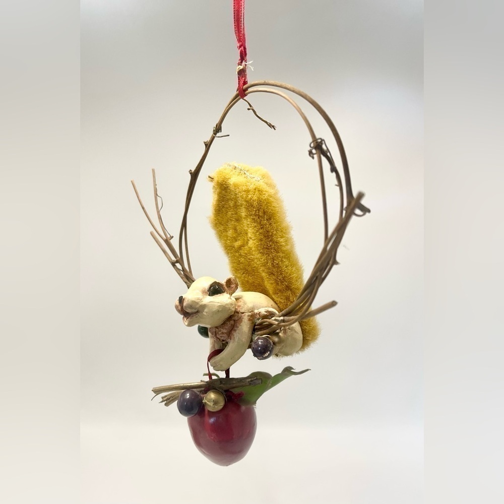 Rustic Squirrel Hanging Decor Ornament Twig Branch Apple Vintage Woodland Porch